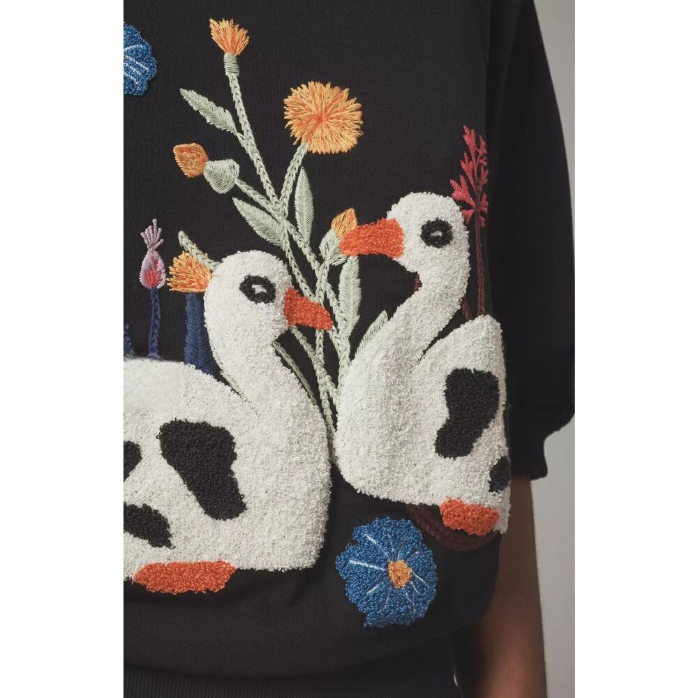 NWT Anthropologie Tufted Ducks Embroidered Flower Cotton Sweatshirt. Ret. $118 - Picture 2 of 8